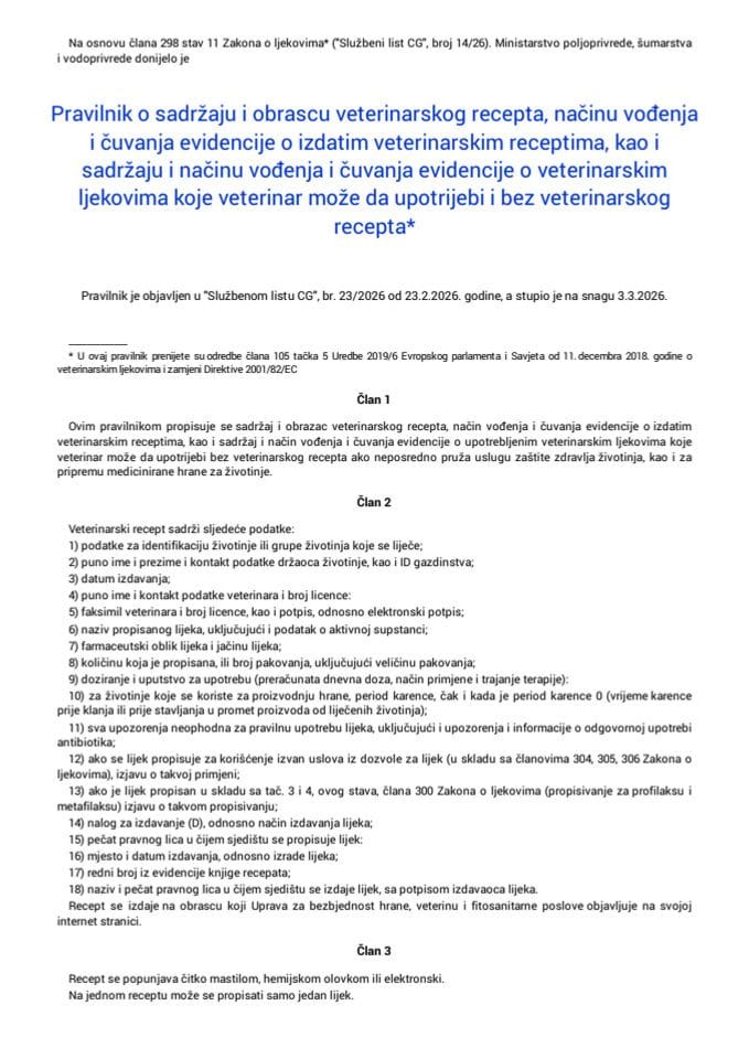 Pravilnik o sadržaju i obrascu veterinarskog recepta "Sl. list CG", br. 23/2026