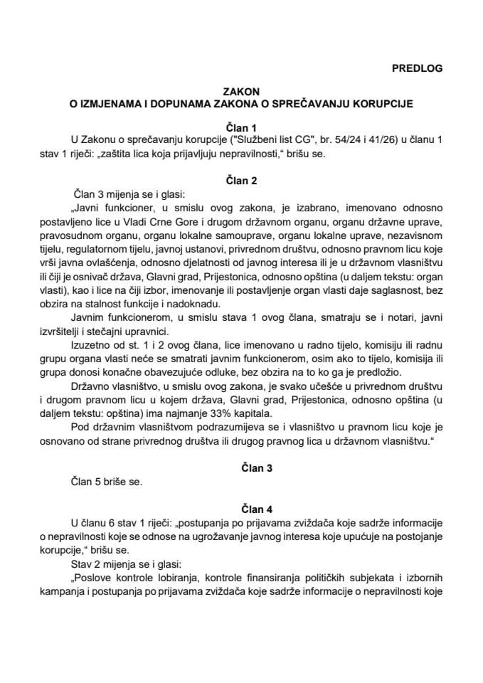 Predlog zakona o izmjenama i dopunama Zakona o sprečavanju korupcije sa Izvještajem sa javne rasprave
