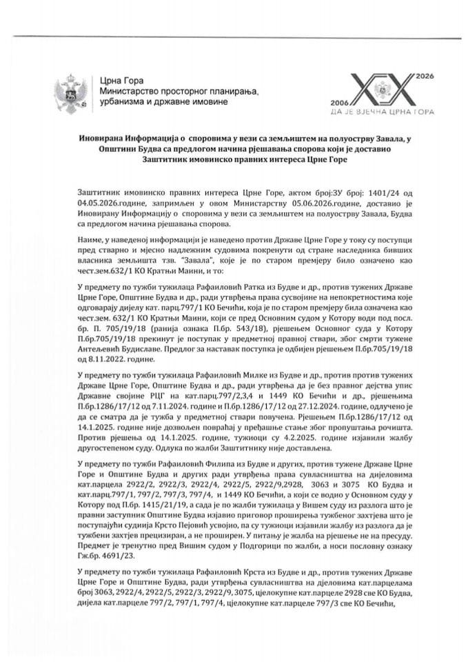 Informacija o sporovima u vezi sa zemljištem na poluostrvu Zavala, u opštini Budva sa Predlogom načina rješavanja sporova koju je pripremio Zaštitnik imovinsko pravnih interesa Crne Gore
