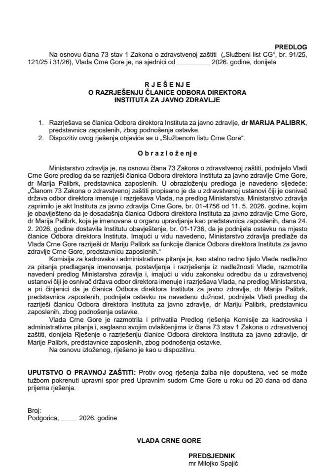 Predlog za razrješenje članice Odbora direktora Instituta za javno zdravlje