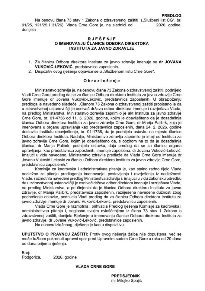Predlog za imenovanje članice Odbora direktora Instituta za javno zdravlje