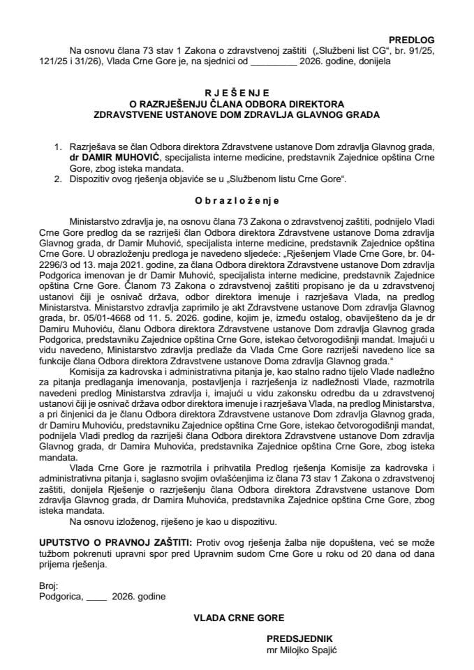 Predlog za razrješenje člana Odbora direktora Zdravstvene ustanove Dom zdravlja Glavnog grada