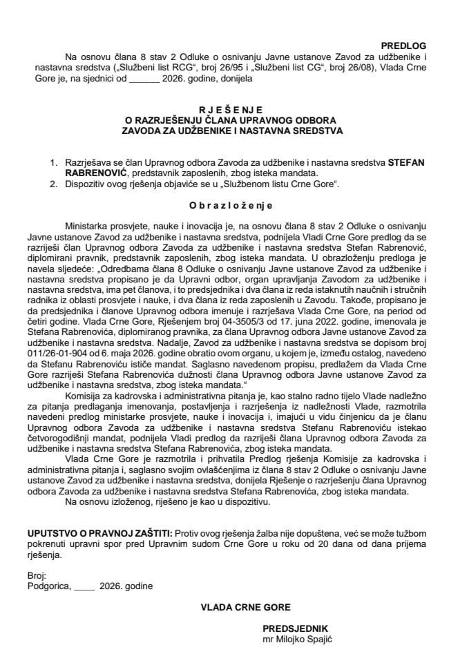 Predlog za razrješenje člana Upravnog odbora Zavoda za udžbenike i nastavna sredstva