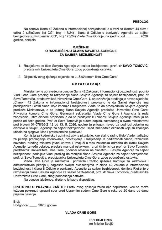 Predlog za razrješenje člana Savjeta Agencije za sajber bezbjednost