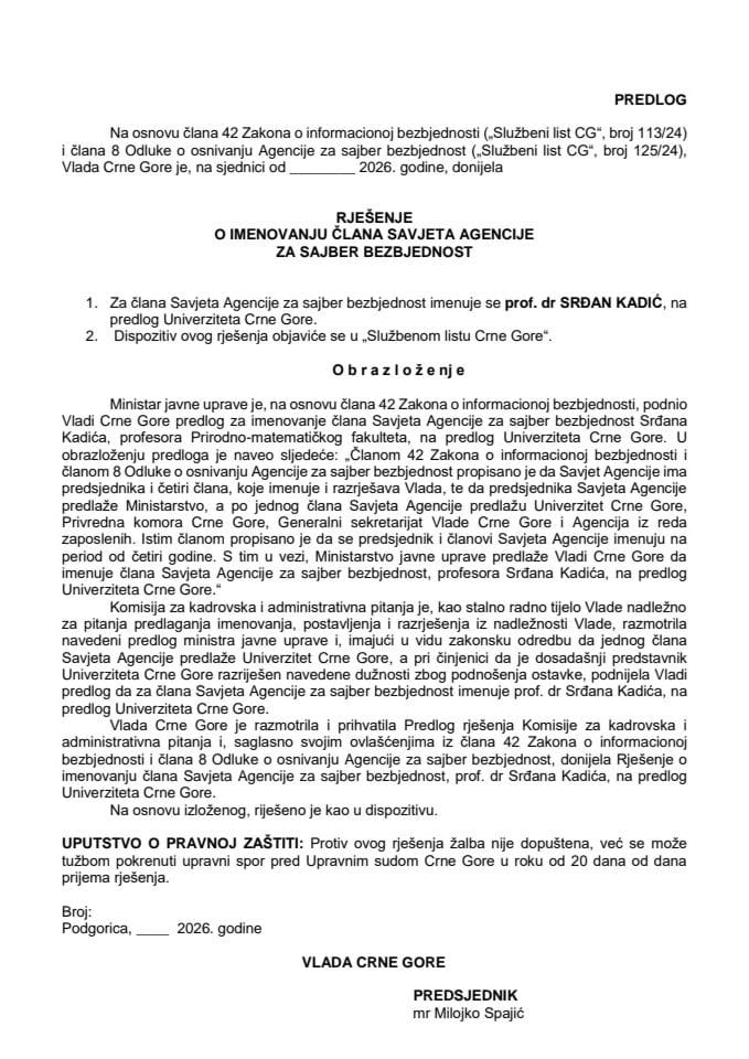 Predlog za imenovanje člana Savjeta Agencije za sajber bezbjednost