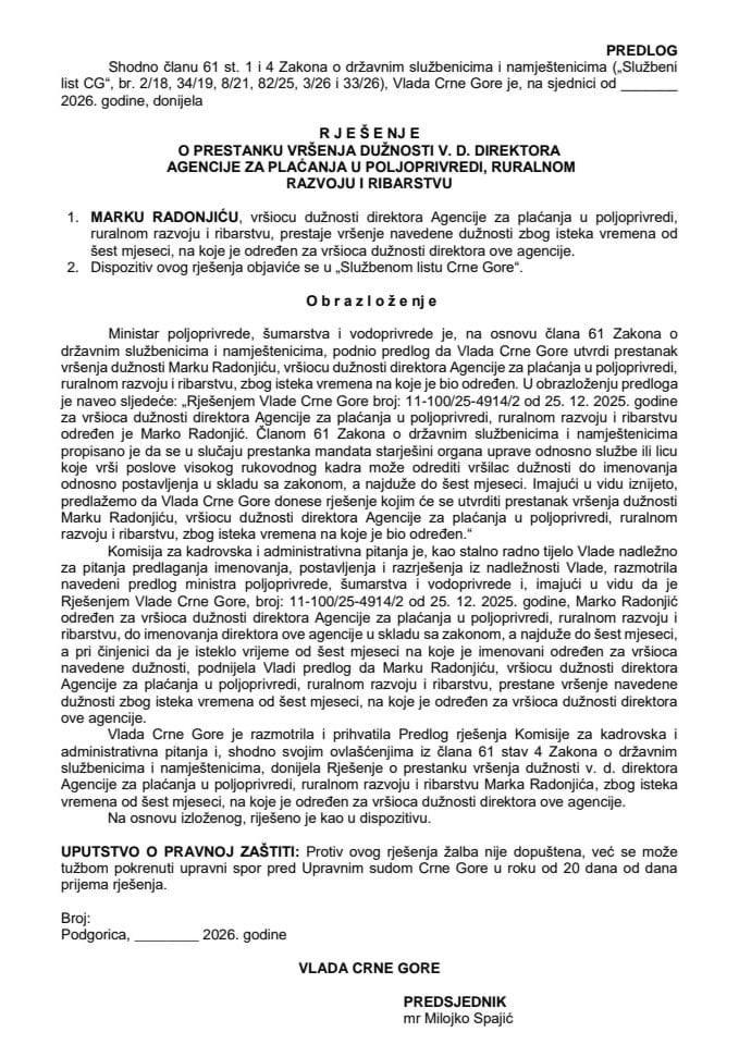 Predlog za prestanak vršenja dužnosti v. d. direktora Agencije za plaćanja u poljoprivredi, ruralnom razvoju i ribarstvu