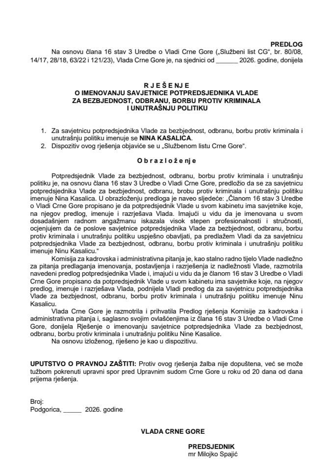 Predlog za imenovanje savjetnice potpredsjednika Vlade za bezbjednost, odbranu, borbu protiv kriminala i unutrašnju politiku