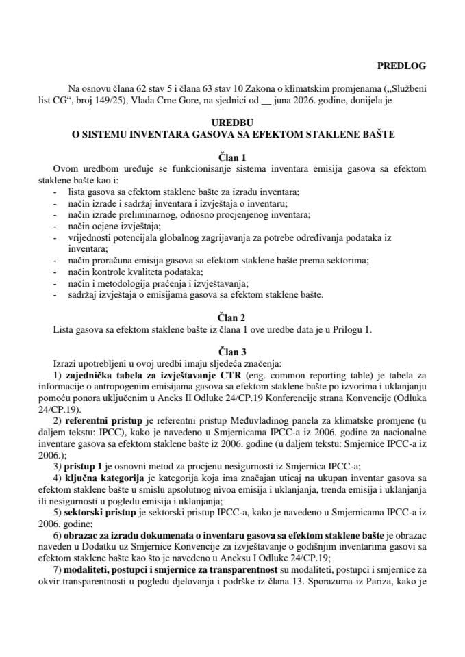 Predlog uredbe o sistemu inventara gasova sa efektom staklene baste