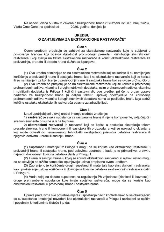 Predlog uredbe o zahtjevima za ekstrakcione rastvarače*