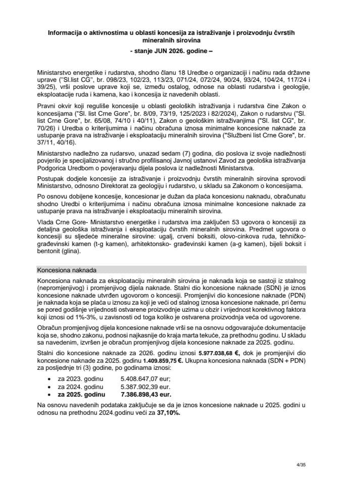 Informacija o aktivnostima u oblasti koncesija za istraživanje i proizvodnju čvrstih mineralnih sirovina (stanje jun 2026. godine)