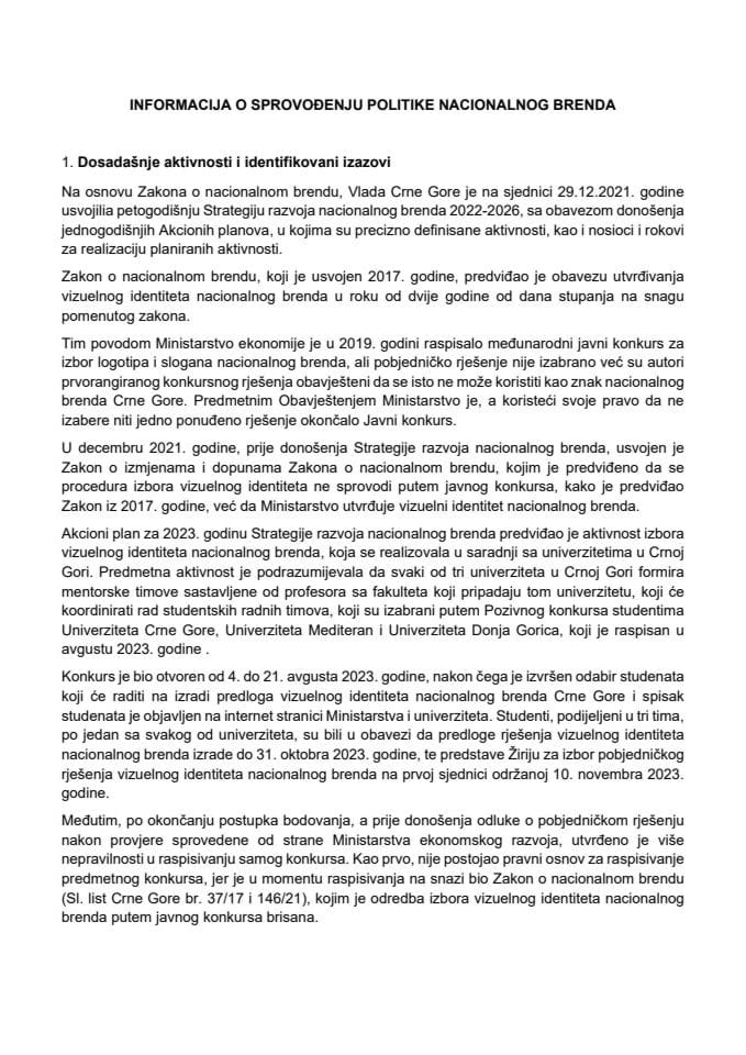 Informacija o sprovođenju politike Nacionalnog brenda