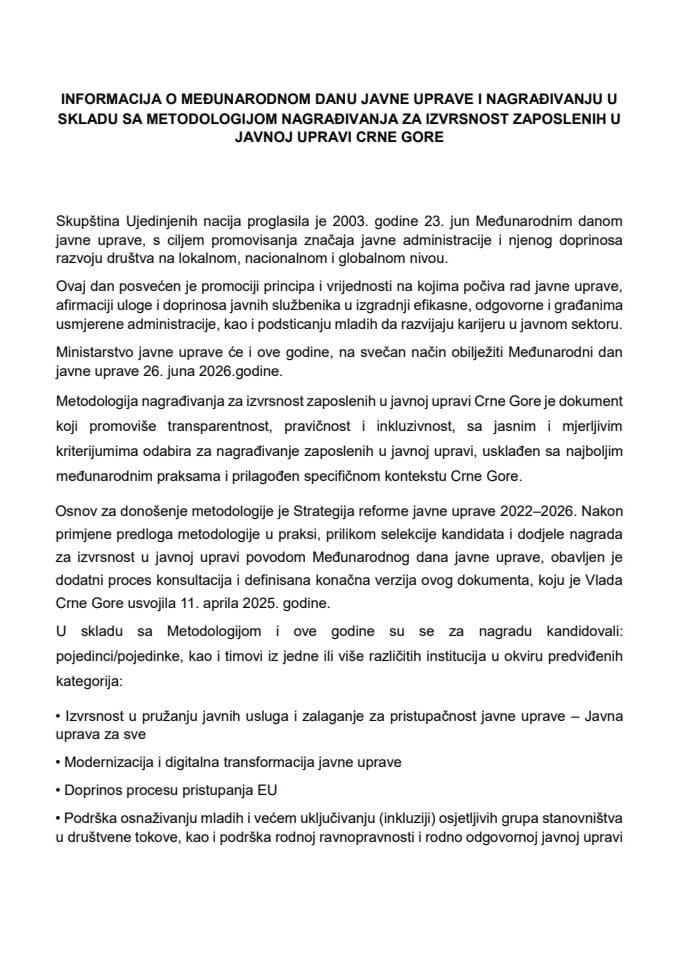 Informacija o Međunarodnom danu javne uprave i nagrađivanju u skladu sa metodologijom nagrađivanja za izvrsnost zaposlenih u javnoj upravi Crne Gore