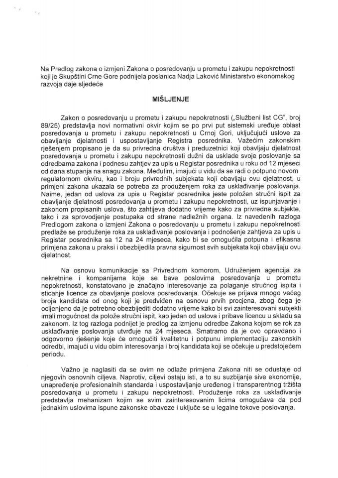 Predlog mišljenja na Predlog zakona o izmjeni Zakona o posredovanju u prometu i zakupu nepokretnosti (predlagač poslanica Skupštine Crne Gore Nađa Laković)