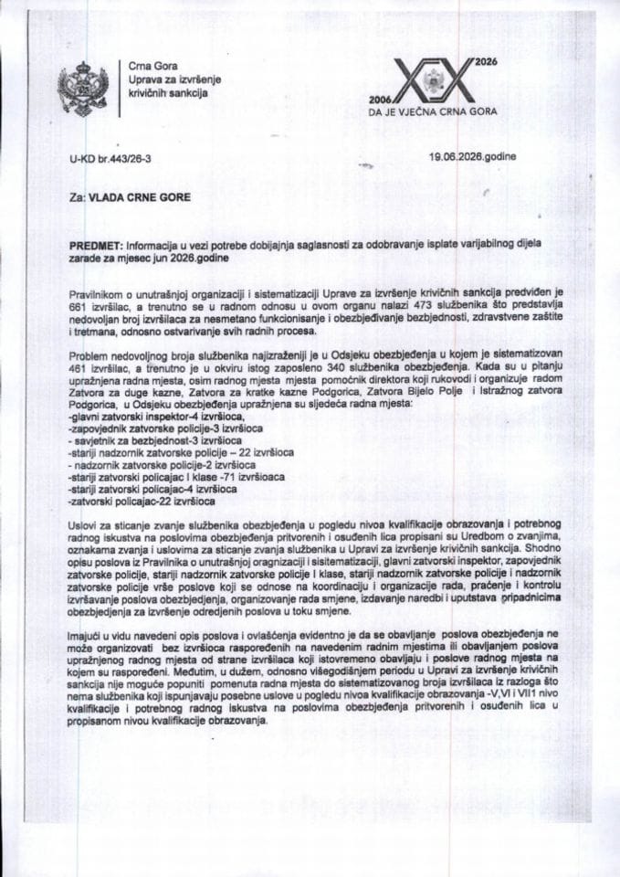 Zahtjev za davanje saglasnosti za odobrenje isplate varijabilnog dijela zarade za mjesec jun Upravi za izvršenje krivičnih sankcija