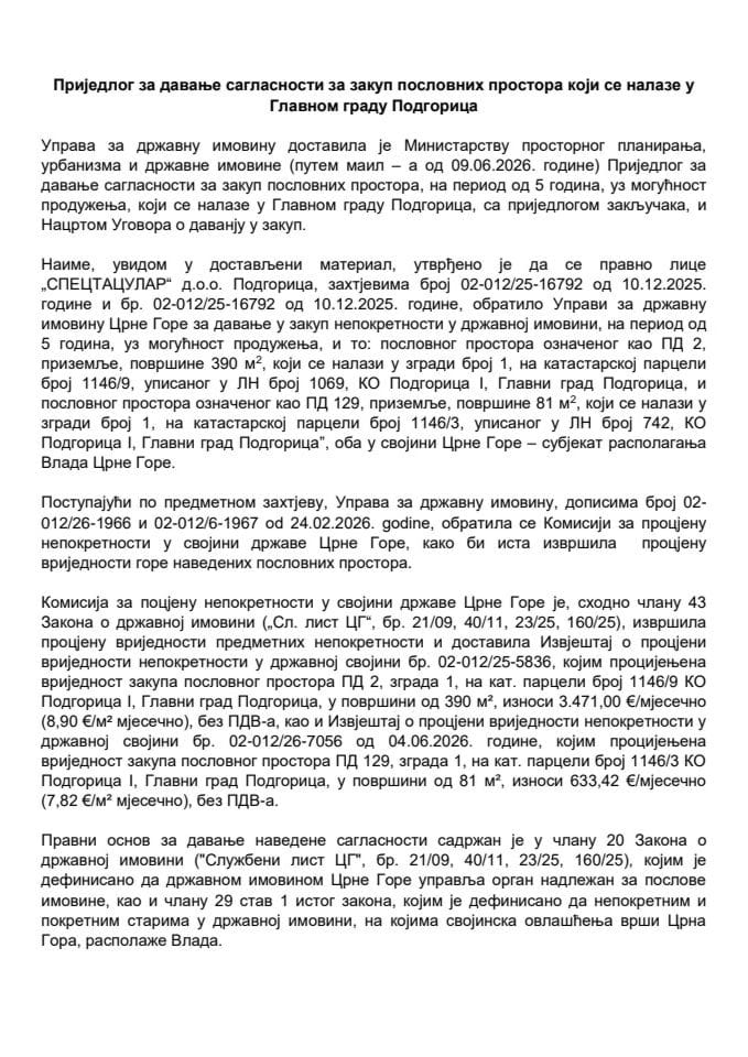 Predlog za davanje saglasnosti za zakup poslovnih prostora koji se nalaze u Glavnom gradu Podgorica sa Predlogom ugovora