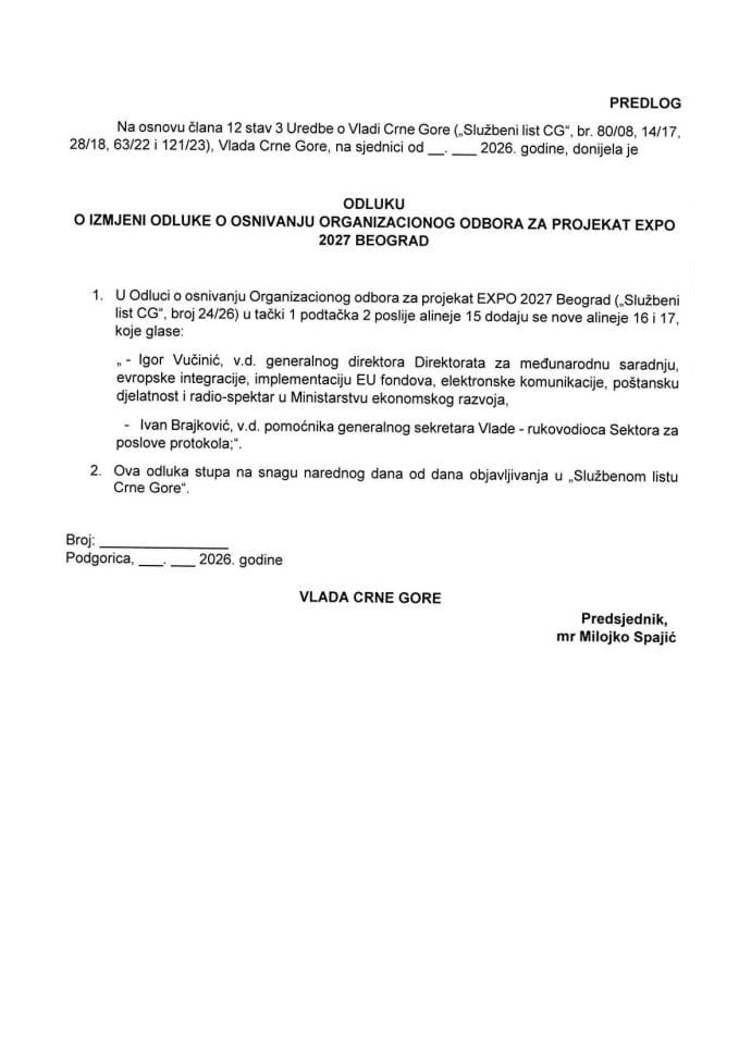 Predlog odluke o izmjeni Odluke o osnivanju Organizacionog odbora za projekat EXPO 2027 Beograd