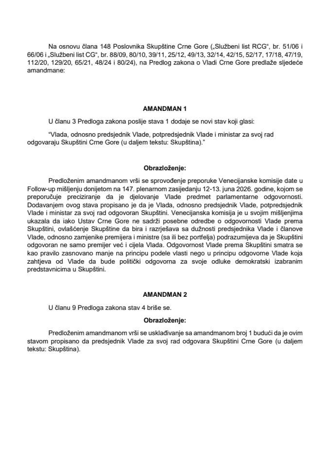 Predlog amandmana na Predlog zakona o Vladi Crne Gore