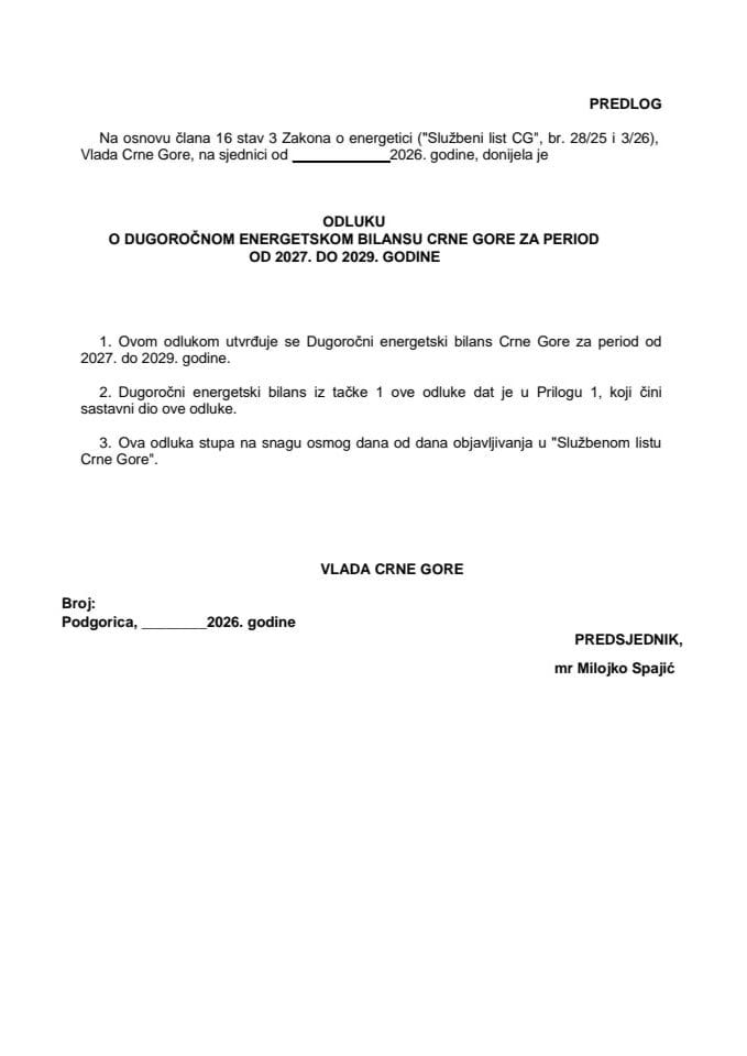 Predlog odluke o dugoročnom energetskom bilansu Crne Gore za period 2027-2029. godine
