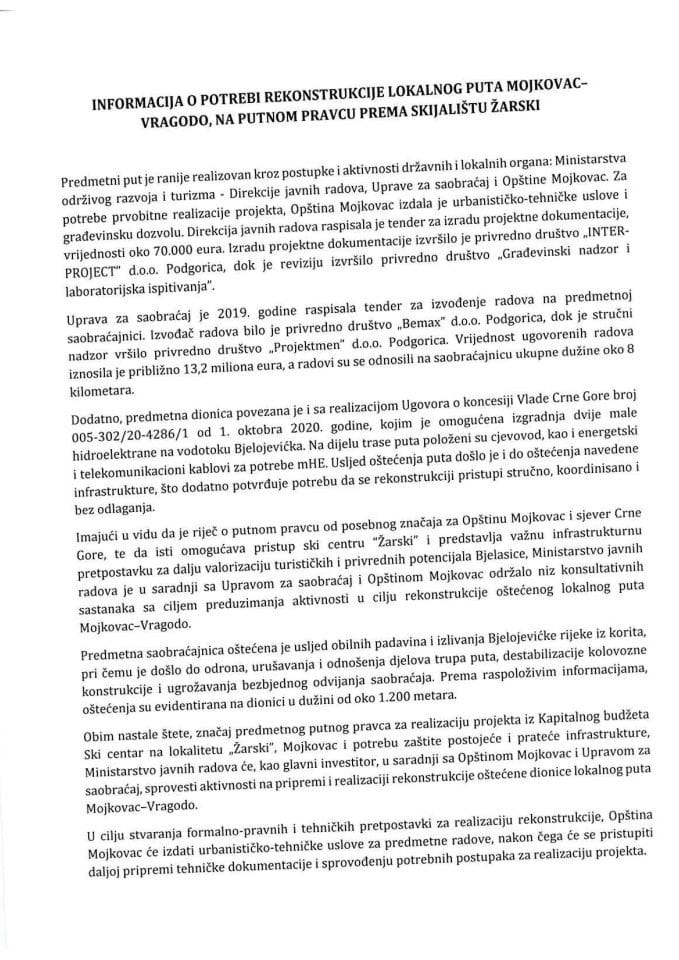 Informacija o potrebi rekonstrukcije lokalnog puta Mojkovac–Vragodo, na putnom pravcu prema skijalištu Žarski
