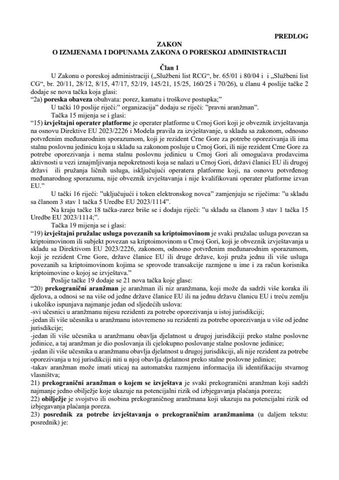 Predlog zakona o izmjenama i dopunama zakona o poreskoj administraciji