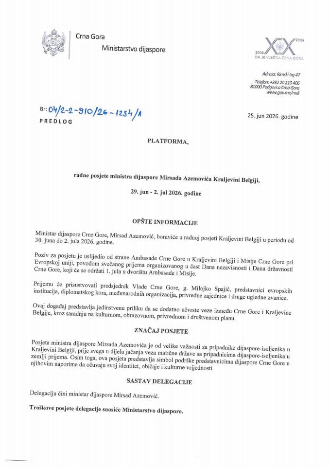 Predlog platforme radne posjete ministra dijaspore Mirsada Azemovića Kraljevini Belgiji, 29.jun - 2.jul 2026. godine