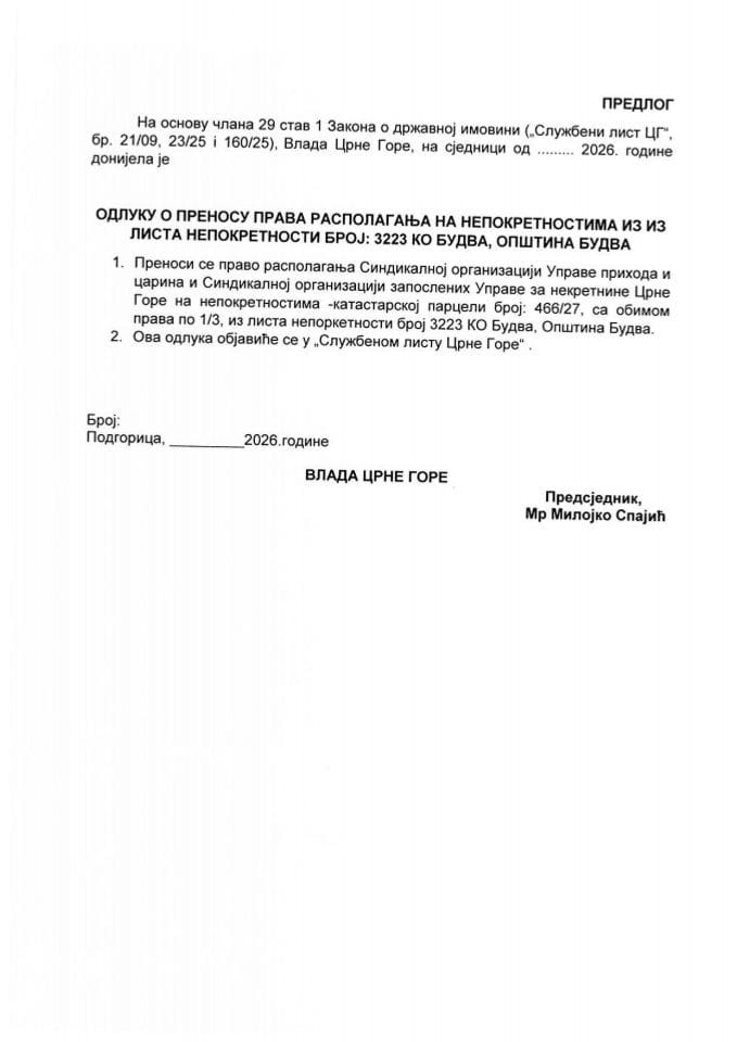 Predlog odluke o prenosu prava raspolaganja na nepokretnostima iz lista nepokretnosti 3223 KO Budva, Budva