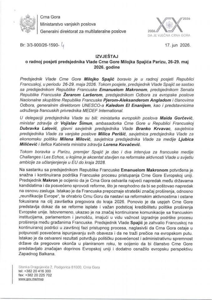 Izvještaj o radnoj posjeti predsjednika Vlade Crne Gore Milojka Spajića Parizu, 26-29. maj 2026. godine