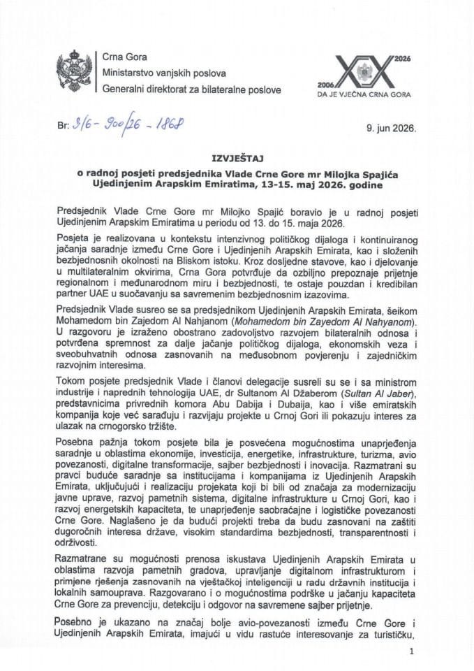 Izvještaj o radnoj posjeti predsjednika Vlade Crne Gore mr Milojka Spajića Ujedinjenim Arapskim Emiratima, 13-15. maj 2026. godine