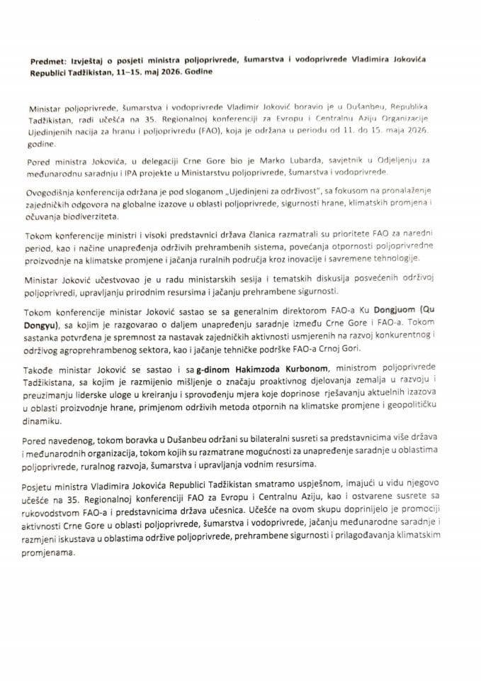 Izvještaj o posjeti ministra poljoprivrede, šumarstva i vodoprivrede Vladimira Jokovića Republici Tadžikistan, povodom učešća na 35. sjednici Regionalne konferencije za Evropu (ERC) Organizacije za hranu i poljoprivredu (UN FAO