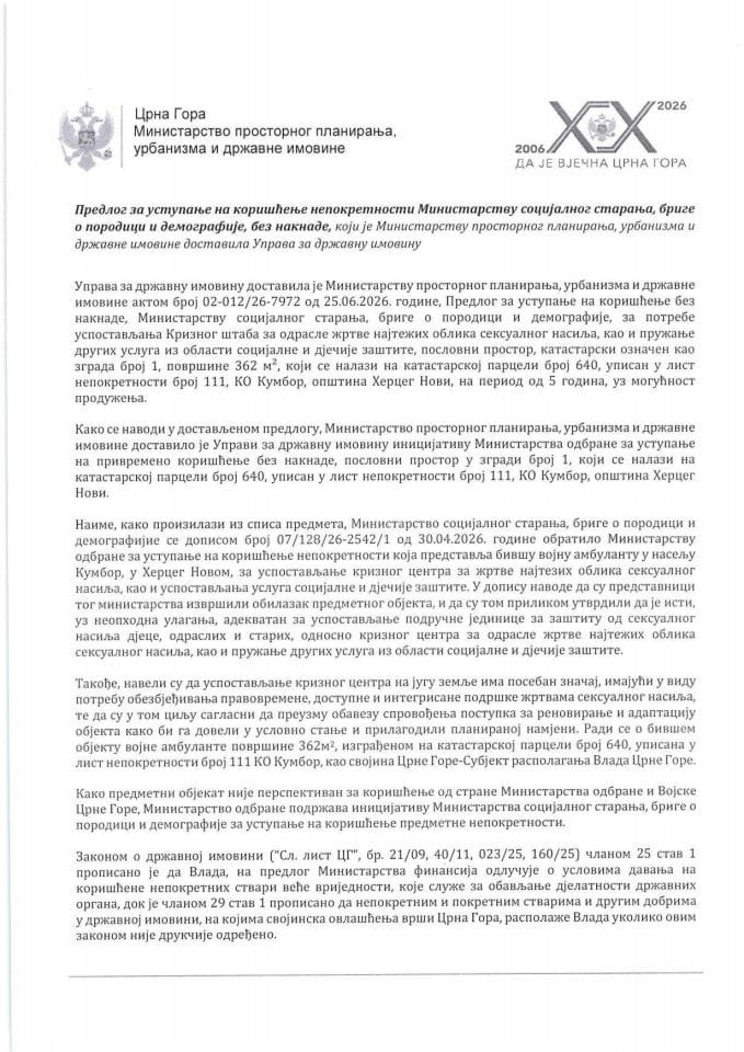 Predlog za ustupanje na korišćenje nepokretnosti Ministarstvu socijalnog staranja, brige o porodici i demografije, bez naknade, koji je pripremila Uprava za državnu imovinu