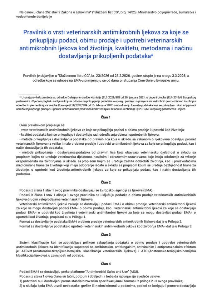 Pravilnik o vrsti veterinarskih antimikrobnih ljekova za koje se prikupljaju podaci "Sl. list CG", br. 23/2026"