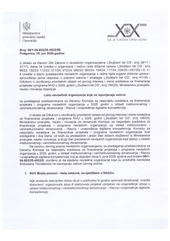 Lista NVO koje ne ispunjavaju uslove