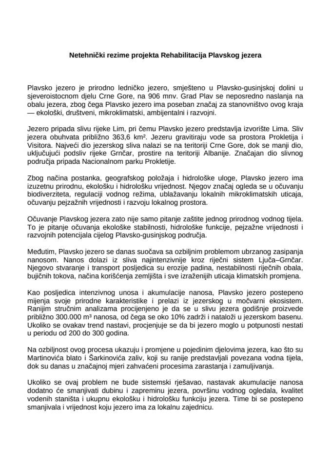 Netehnicki rezime projekta Rehabiltacija Plavskog jezera