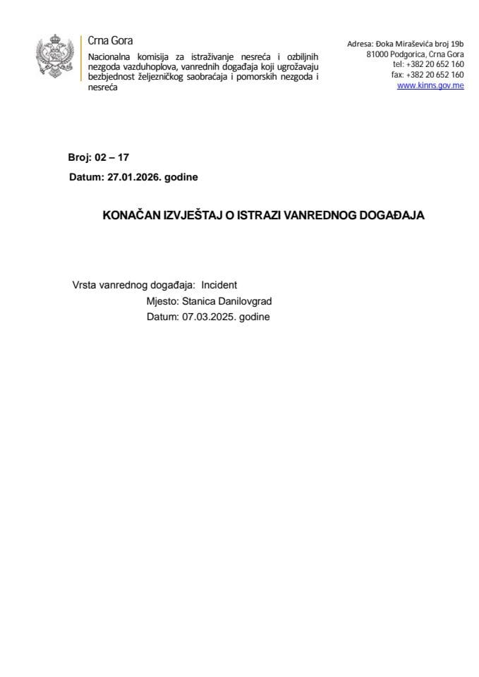 Konačan izvještaj o istrazi vanrednog događaja – Incident – Stanica Danilovgrad – 07.03.2025. godine