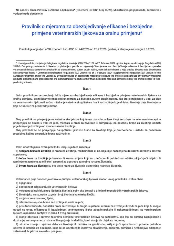 Pravilnik o mjerama za obezbjeđivanje efikasne i bezbjedne primjene veterinarskih ljekova za oralnu primjenu "Sl. list CG", br. 24/2026