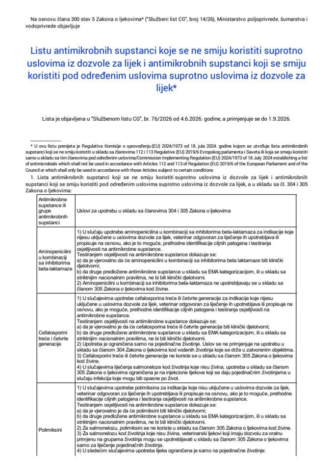 Listu antimikrobnih supstanci koje se ne smiju koristiti suprotno uslovima iz dozvole za lijek i antimikrobnih supstanci koji se smiju koristiti pod određenim uslovima suprotno uslovima iz dozvole za lijek "Sl. list CG", br. 76/2026