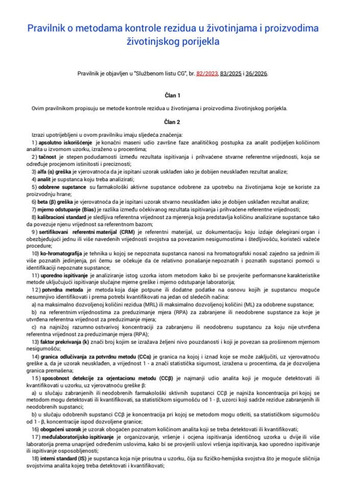 Pravilnik o metodama kontrole rezidua u životinjama i proizvodima životinjskog porijekla "Sl. list CG", br. 82/2023, 83/2025 i 36/2026