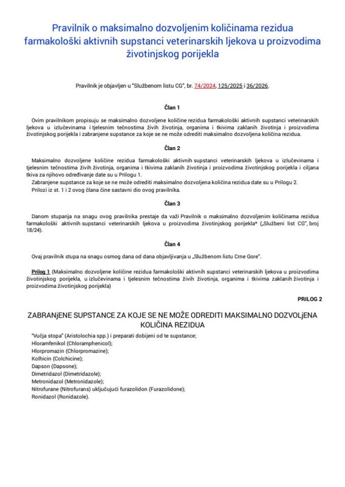 Pravilnik o maksimalno dozvoljenim količinama rezidua farmakološki aktivnih supstanci veterinarskih ljekova u proizvodima životinjskog porijekla "Sl. list CG", br. 74/2024, 125/2025 i 36/2026