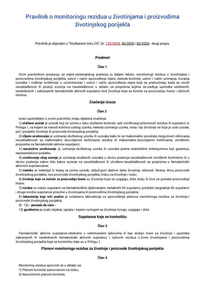 Pravilnik o monitoringu rezidua u životinjama i proizvodima životinjskog porijekla "Sl. list CG", br. 125/2025 i 36/2026