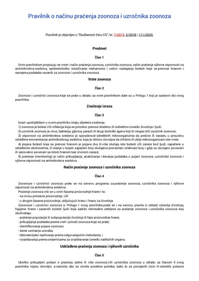 Pravilnik o načinu praćenja zoonoza i uzročnika zoonoza "Sl. list CG", br. 7/2015, 2/2018 i 111/2025