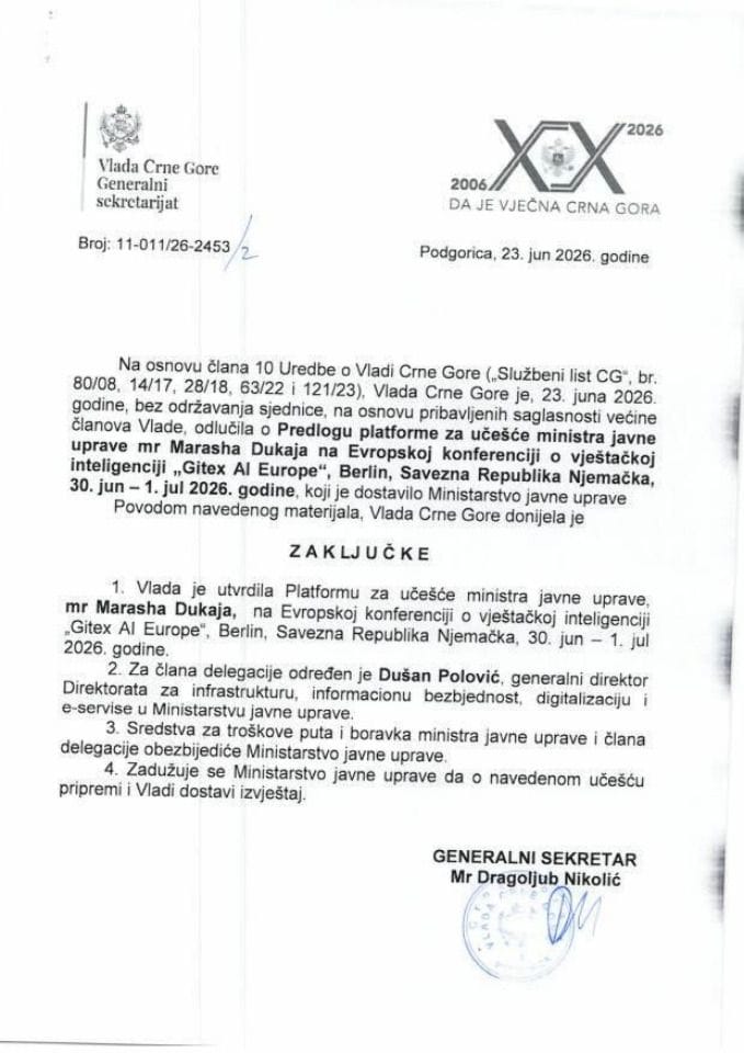 Predlog platforme za učešće ministra javne uprave mr Marasha Dukaja na Evropskoj konferenciji o vještačkoj inteligenciji „Gitex AI Europe“, Berlin, Savezna Republika Njemačka, 30. jun - 1. jul 2026. godine - Zaključci