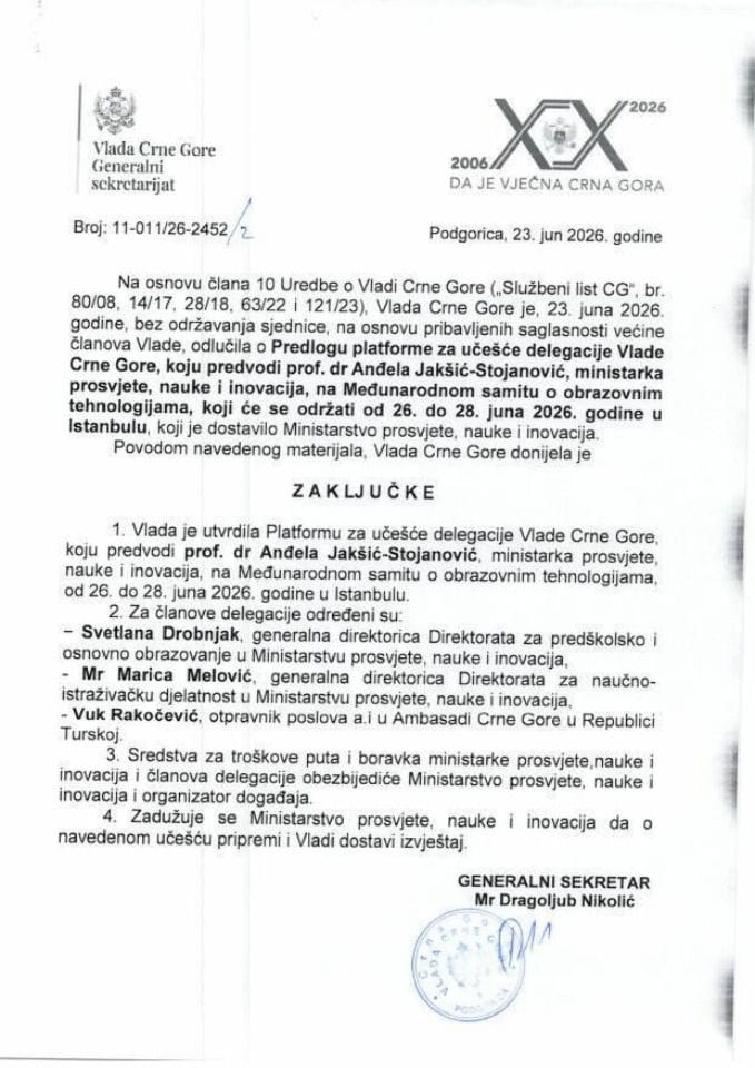 Predlog platforme za učešće delegacije Vlade Crne Gore, koju predvodi prof. dr Anđela Jakšić- Stojanović, ministarka prosvjete, nauke i inovacija, na Međunarodnom samitu o obrazovnim tehnologijama - Zaključci