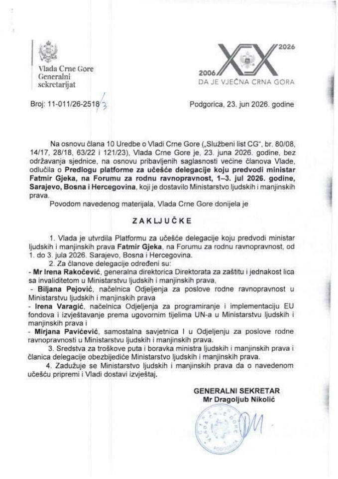 Predlog platforme za učešće delegacije koju predvodi ministar ljudskih i manjinskih prava Fatmir Gjeka na Forumu za rodnu ravnopravnost 1 - 3. jul 2026. godine, Sarajevo, Bosna i Hercegovina - Zaključci