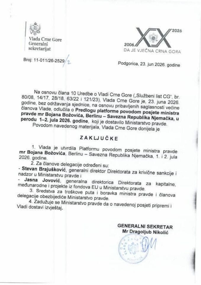 Predlog paltforme povodom posjete ministra pravde mr Bojana Božovića Berlinu - Savezna Republika Njemačka, u periodu 1-2. jul 2026. godine - Zaključci