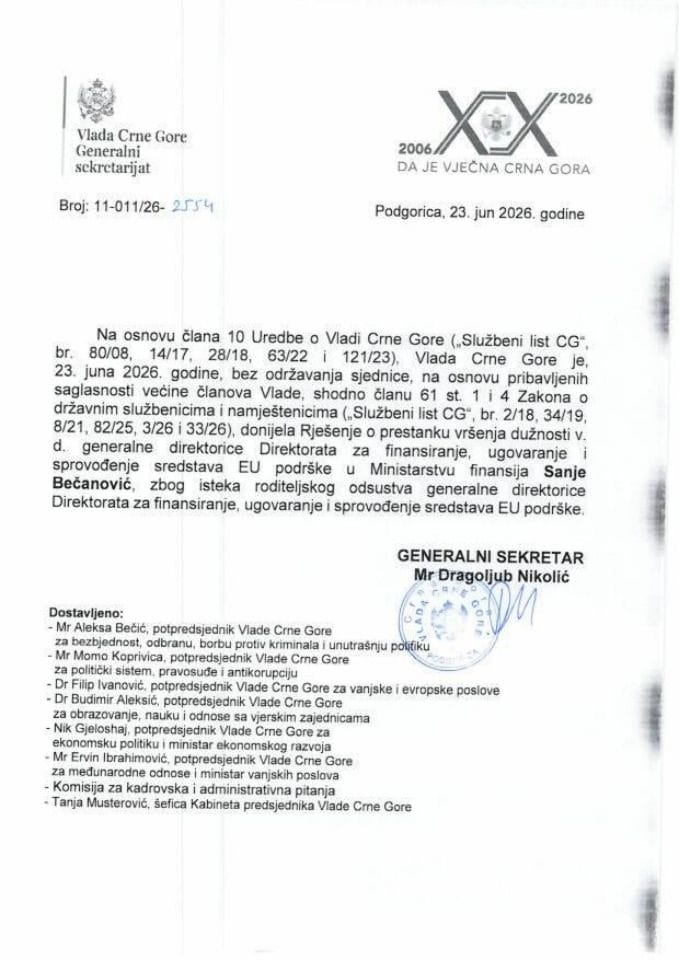 Kadrovska pitanja - 23. jun 2026. godine - Zaključci