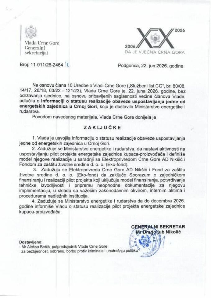 Informacija o statusu realizacije obaveze uspostavljanja jedne od energetskih zajednica u Crnoj Gori - Zaključci