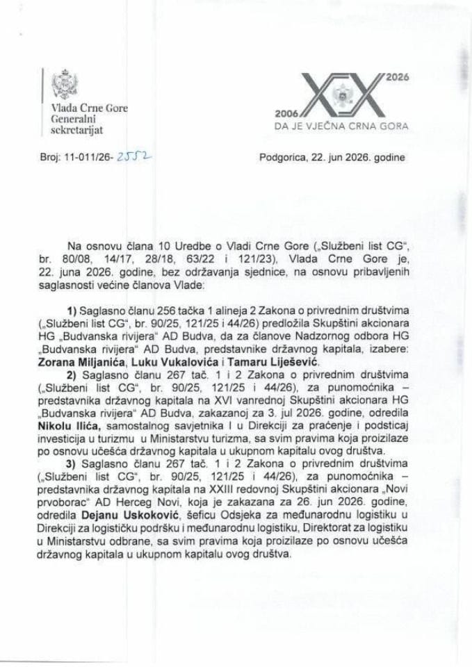 Kadrovska pitanja - 22. jun 2026. godine
