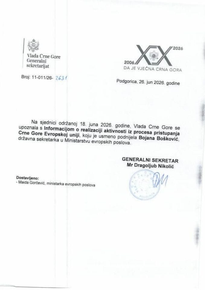Усмена информација о реализацији активности из процеса приступања Црне Горе Европској унији - Закључци