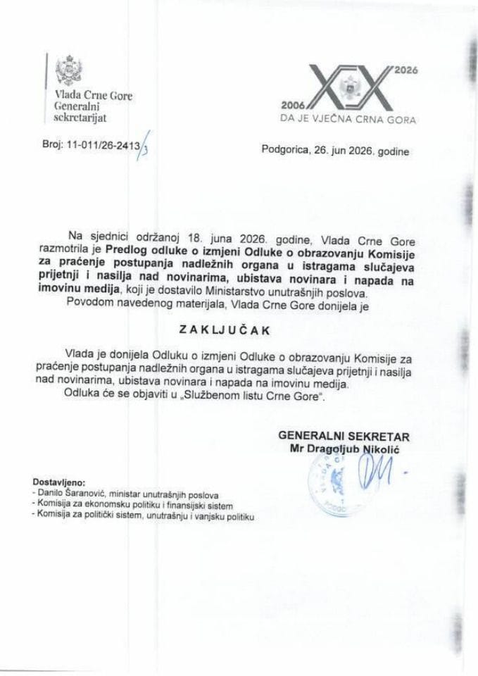 Predlog odluke o izmjeni Odluke o obrazovanju Komisije za praćenje postupanja nadležnih organa u istragama slučajeva prijetnji i nasilja nad novinarima, ubistava novinara i napada na imovinu medija - Zaključci