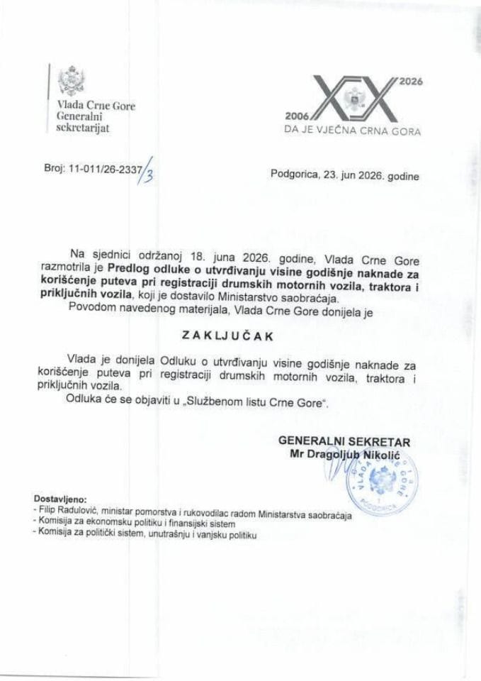 Predlog odluke o utvrđivanju visine godišnje naknade za korišćenje puteva pri registraciji drumskih motornih vozila, traktora i priključnih vozila - Zaključci